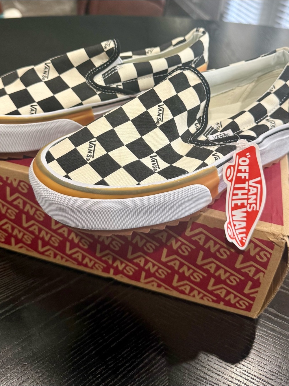 Vans Checkerboard Slip-On Sneakers Black White with Tan Accents